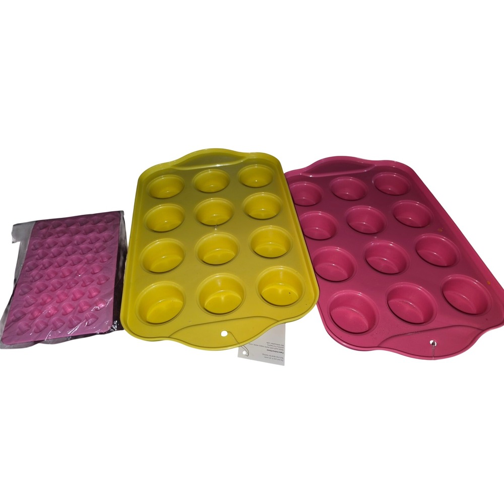 Silicone Muffin Pan Set 12 Cup Yellow Pink & Mini Heart Mold 3 Piece Baking Lot
